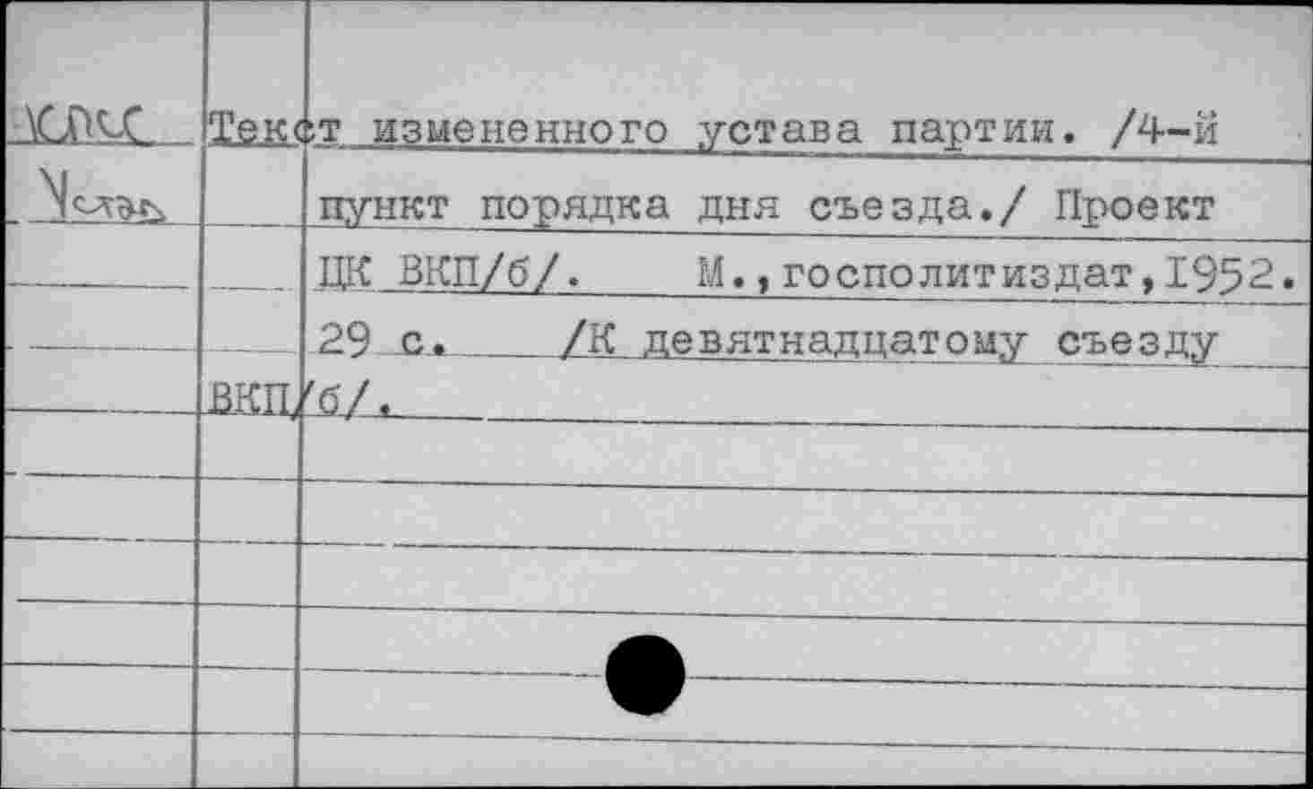 ﻿	Текс	;т измененного устава партии. /4-й
		пункт порядка дня съезда./ Проект
		ЦК ВЖ/б/.	М.,госполитиздат,1952.
		29 с.	/К девятнадцатому съезду
	ДЩ	'б/,
		
		
		
		
		
		